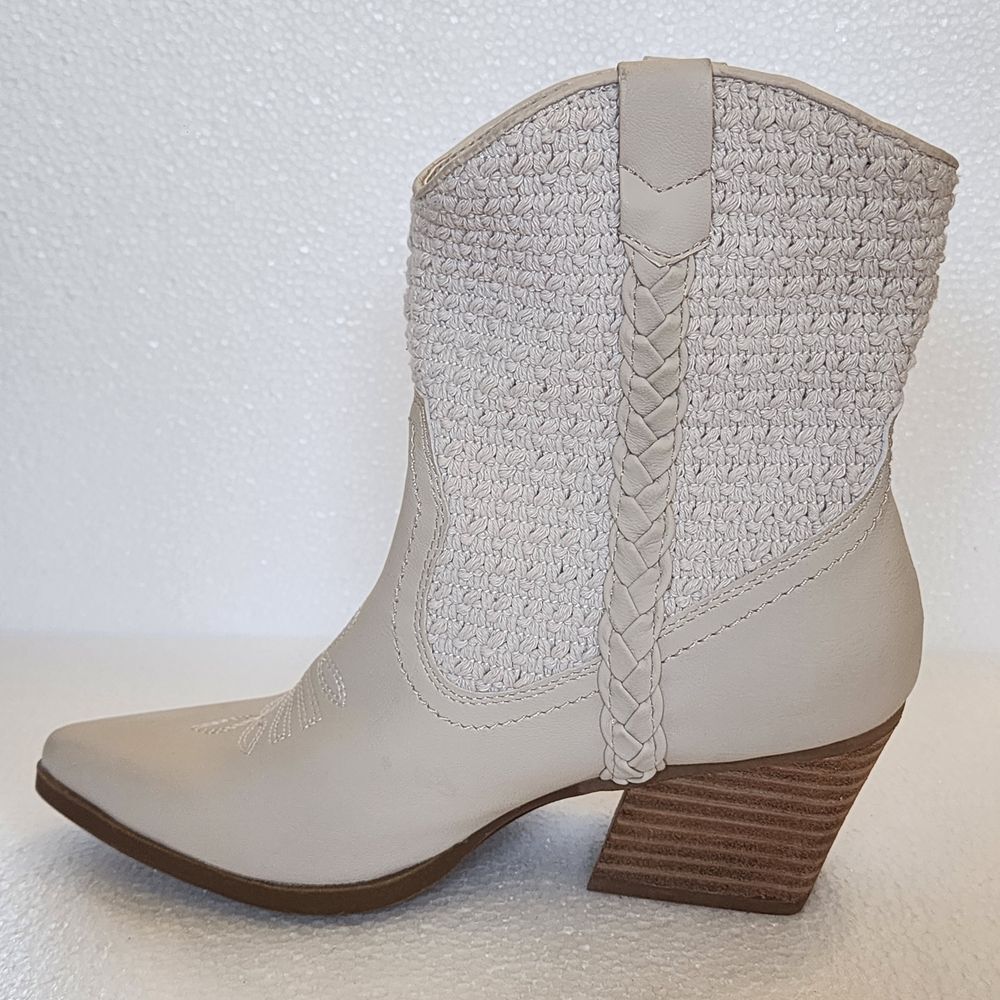 Dolce Vita Koolson Cream Braided Western Ankle Boots with Stacked Heel - Picture 11 of 12